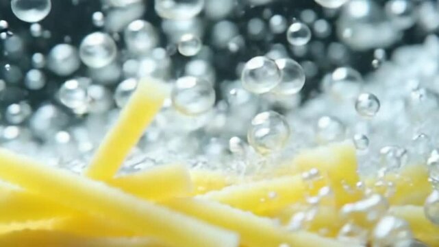 The pasta falls into the water with air bubbles. Macro background. Filmed on a high-speed camera at 1000 fps. High quality FullHD footage