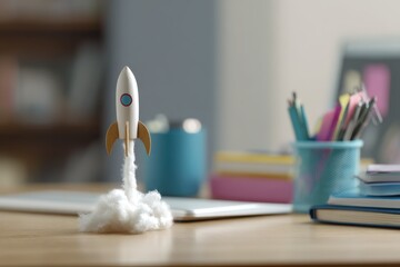 Creative startup symbol depicted by rocket made of office supplies launching from a cluttered desktop in an inspiring workspace environment