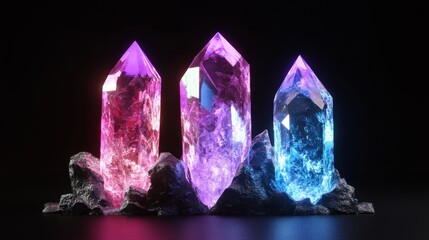 A black background showcases three crystals displaying colors of red, yellow, and blue