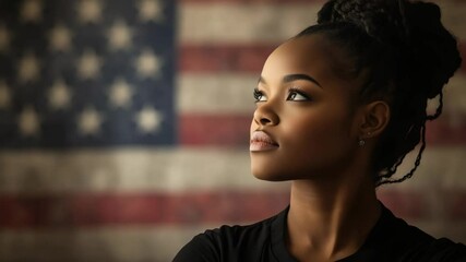 Confident woman standing before weathered american flag in stylish leather jacket - Powered by Adobe