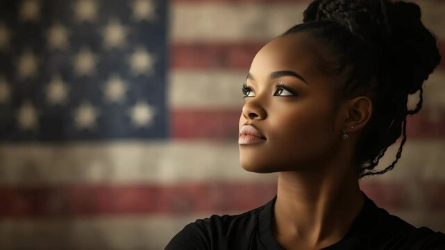 Confident woman standing before weathered american flag in stylish leather jacket