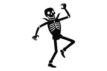 Black skeleton figure is illustrated on white background, dancing with one arm up