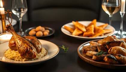 Savory platter of creamy risotto, golden roasted chicken legs, and assorted delectable snacks, dinamic scene. with white shades