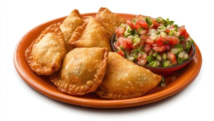 Crispy pastries, golden-brown, on orange plate, served with salsa