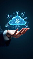A digital cloud hovers above an open hand, glowing with interconnected icons and data streams, symbolizing modern technology