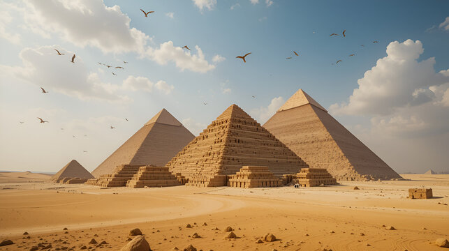 Egyptian pyramids and measurement data. Wide angle visual for banners or advertisements.