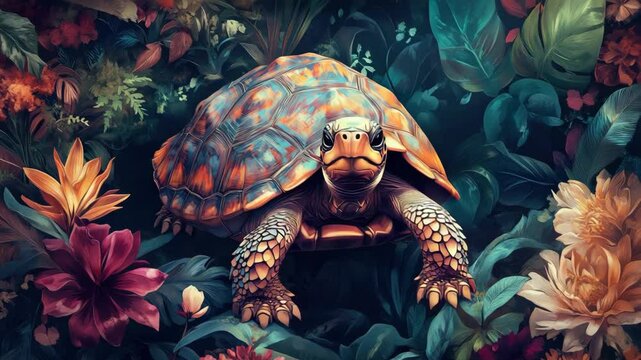 Colorful tortoise amidst vibrant tropical foliage and flowers