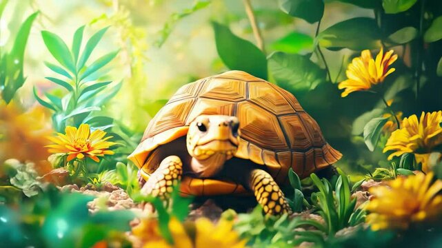 Tranquil tortoise among vibrant flowers in sunlit garden