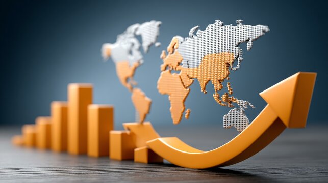A dynamic curved arrow overlay on a pastel world map and reflective glass towers, featuring bright growth nodes and rising numeric labels to illustrate upward property price momentum