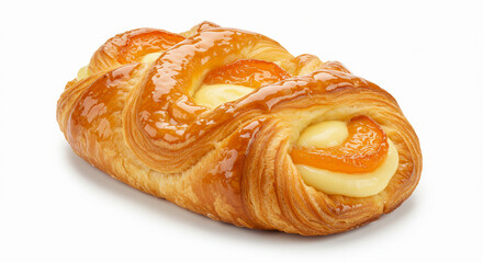 Fruit Danish pastry with shiny apricot glaze, layered puff pastry and custard filling, isolated on white background