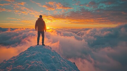 A determined businessman ascends a rugged mountain peak, his silhouette framed against a vibrant sunrise, his gaze fixed on the horizon, a symbol of perseverance, leadership, and the indomitable 