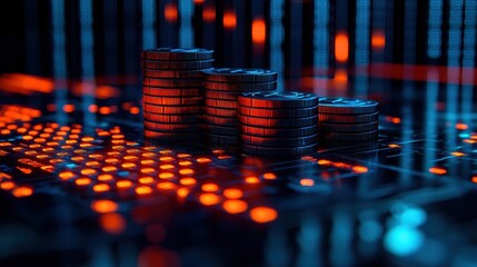 A digital realm, where stacks of gleaming coins, each representing a potential investment, rise majestically against a dynamic graph depicting the steady growth of financial wealth 