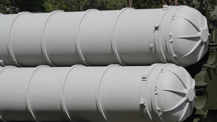 Missiles of the S-500 system in winter camouflage of white color. Missiles of the air defense missile system