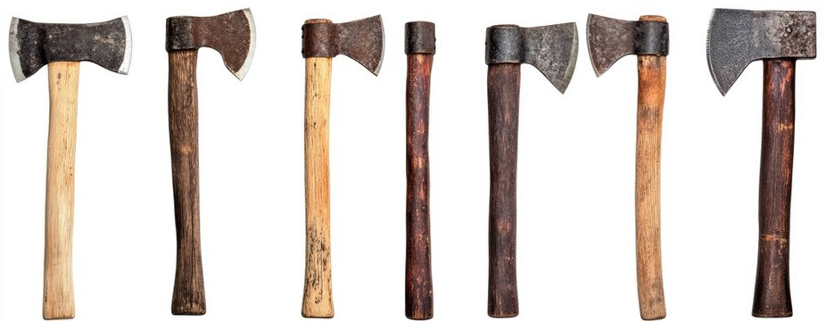 Row of antique axes with wooden handles - Powered by Adobe