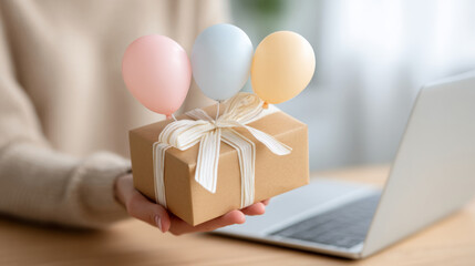 Surprise birthday gift delivery with balloons at office desk for celebration and joy