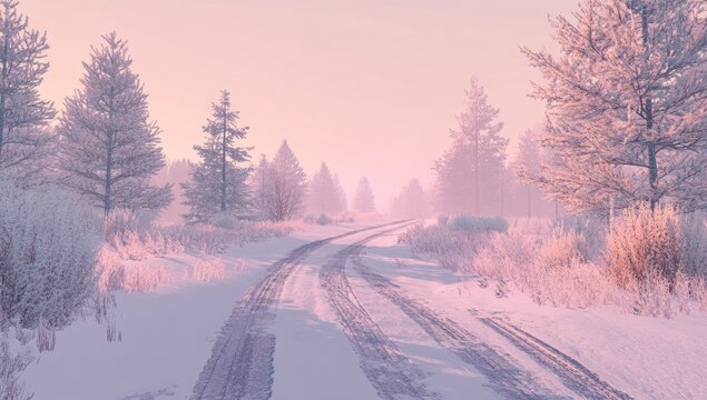 Winter wonderland road.  Pastel-hued snowy forest path - Powered by Adobe