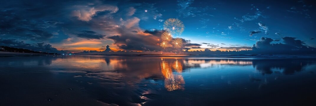 Colorful fireworks illuminate the night sky over a beach with shimmering ocean reflections and a festive atmosphere during a summer evening celebration