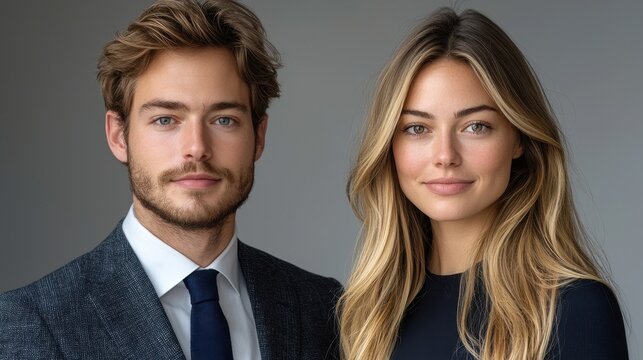 A man, clad in a sharp suit, and a woman, impeccably dressed, exuded an aura of professionalism as they posed together for the perfect business headshot, their smiles radiating confidence and 