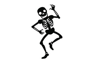 Spooky skeleton dances with glee, wearing shoes and showing off ribcage on white