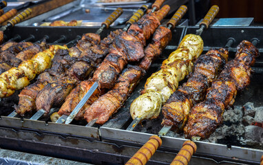 Delicious skewered meat varieties grilling over hot coals on barbecue grill, showcasing textures, aromas, and flavors. Perfect for showcasing outdoor cooking, barbecues, or culinary presentations