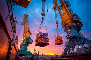 Fototapeta premium Workers load pallets onto a ship as sunset paints the sky in vibrant colors. Cranes tower above, reflecting the hustle of port activities at dusk