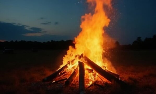 Big Burning Campfire in Early Morning or Evening against the Blue Sky. Wood on Fire. Flying Sparks. Travel and Tourism Concept. Giant Flaming Bonfire at Summer - Static Shot, Slow Motion