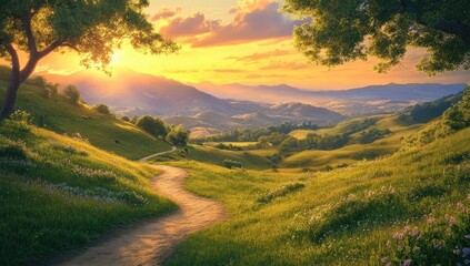 Scenic winding path through vibrant hills at golden sunset