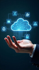 Naklejka premium A hand gently cradles a digital cloud with linked icons above a dark surface
