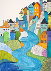 Fototapeta premium Colorful Town River Landscape Illustration