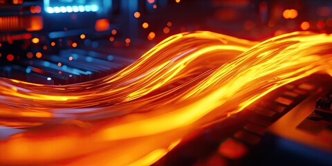 Abstract fiery flowing lines against a dark tech background