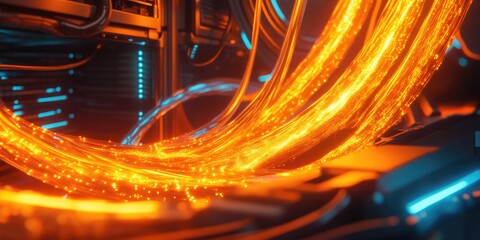 Abstract glowing orange cables in a server room environment