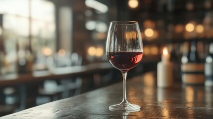 A Close Up of a Red Wine Glass Softly Lit in a Cozy Bar Atmosphere with Warm Lighting