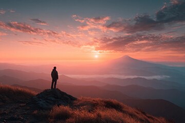 Obraz premium A person stands on a rocky outcrop at a mountain peak, enjoying a stunning sunset. Vibrant hues of orange and pink illuminate the sky, while fog rolls over the valleys below