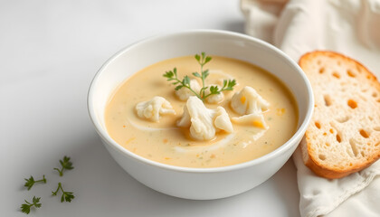 Creamy vegan cauliflower soup with herb garnish in a pristine white bowl. Wholesome plant-based delight., studio lighting. with white shades