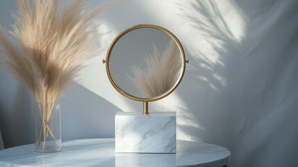 Fototapeta premium Elegant gold vanity mirror and pampas grass still life