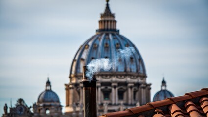 Obraz premium White smoke rises from the chapel chimney, indicating the successful election of a new pope during the papal conclave.