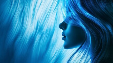 Woman's profile with flowing, electric blue hair.