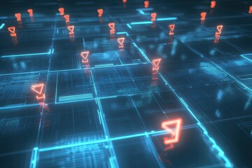 Abstract digital grid network with glowing symbols