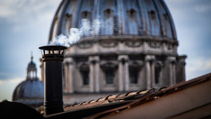 White smoke rises from the chapel chimney, indicating the successful election of a new pope during the papal conclave.