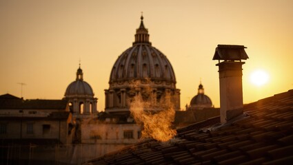 Fototapeta premium White smoke rises from the chapel chimney, indicating the successful election of a new pope during the papal conclave.
