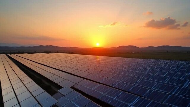 Expansive Solar Farm with Rows of Panels at Sunset