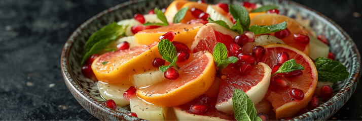 Zesty freshness in vibrant contrast. Citrus fruit salad with pomegranate seeds and mint leaves served in a rustic ceramic bowl. Ideal for healthy recipe features, nutrition blogs, and food magazine sp