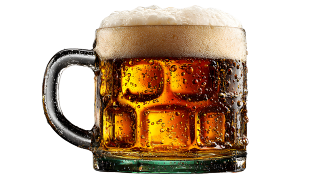 Cold Beer in a Mug Frothy Head Condensation Refreshing Drink Golden Beverage Alcohol