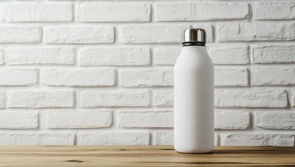 White insulated water bottle on a wooden table in front of a white brick wall