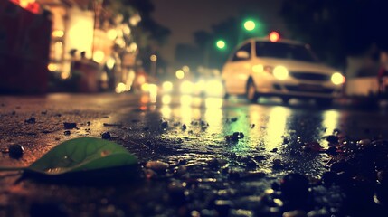 Rainy Night City Street Scene Blurred Lights Car Leaf