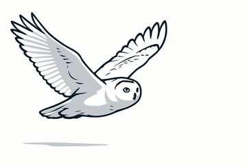 Obraz premium Snowy owl gliding with wings spread against a minimalist background 