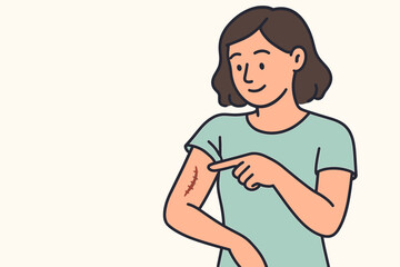 Young woman pointing at healed scar on her arm with a smile  