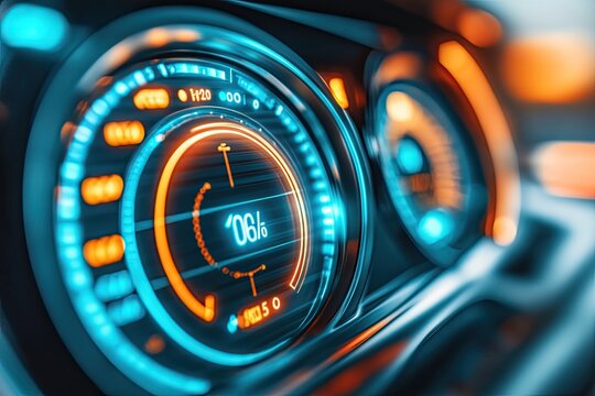 Futuristic car dashboard with digital gauges