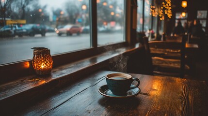Cozy coffee shop, city view