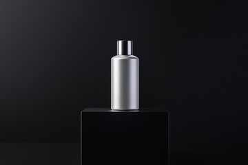 Naklejka premium Minimalist skincare hair mousse can on black pedestal for modern product display